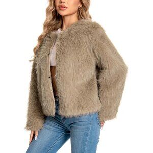 Women's Faux Fuzzy Jacket Fluffy Long Sleeve Winter Coat with Pockets Khaki